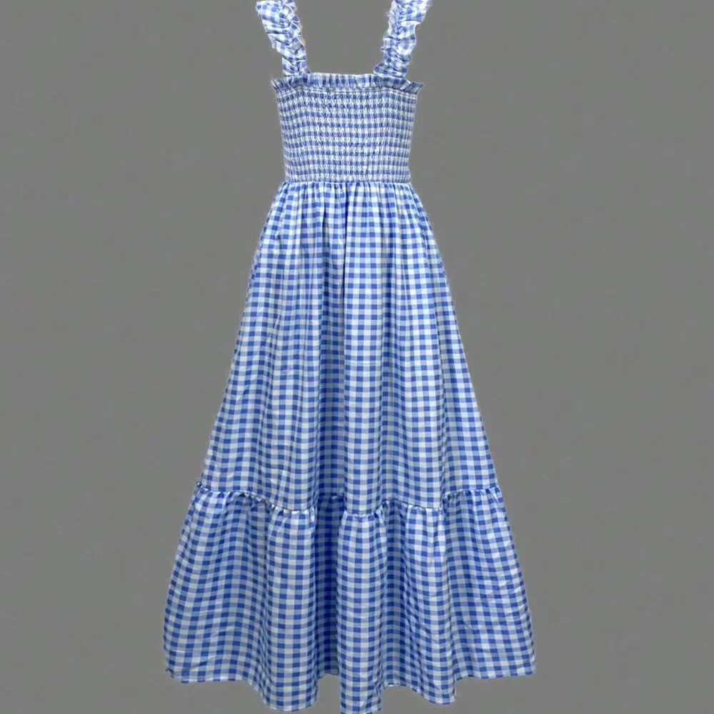 Multicolor Boho Women's Elegant Vacation Plaid Dress With Ruffled Straps - Picture 4 of 5